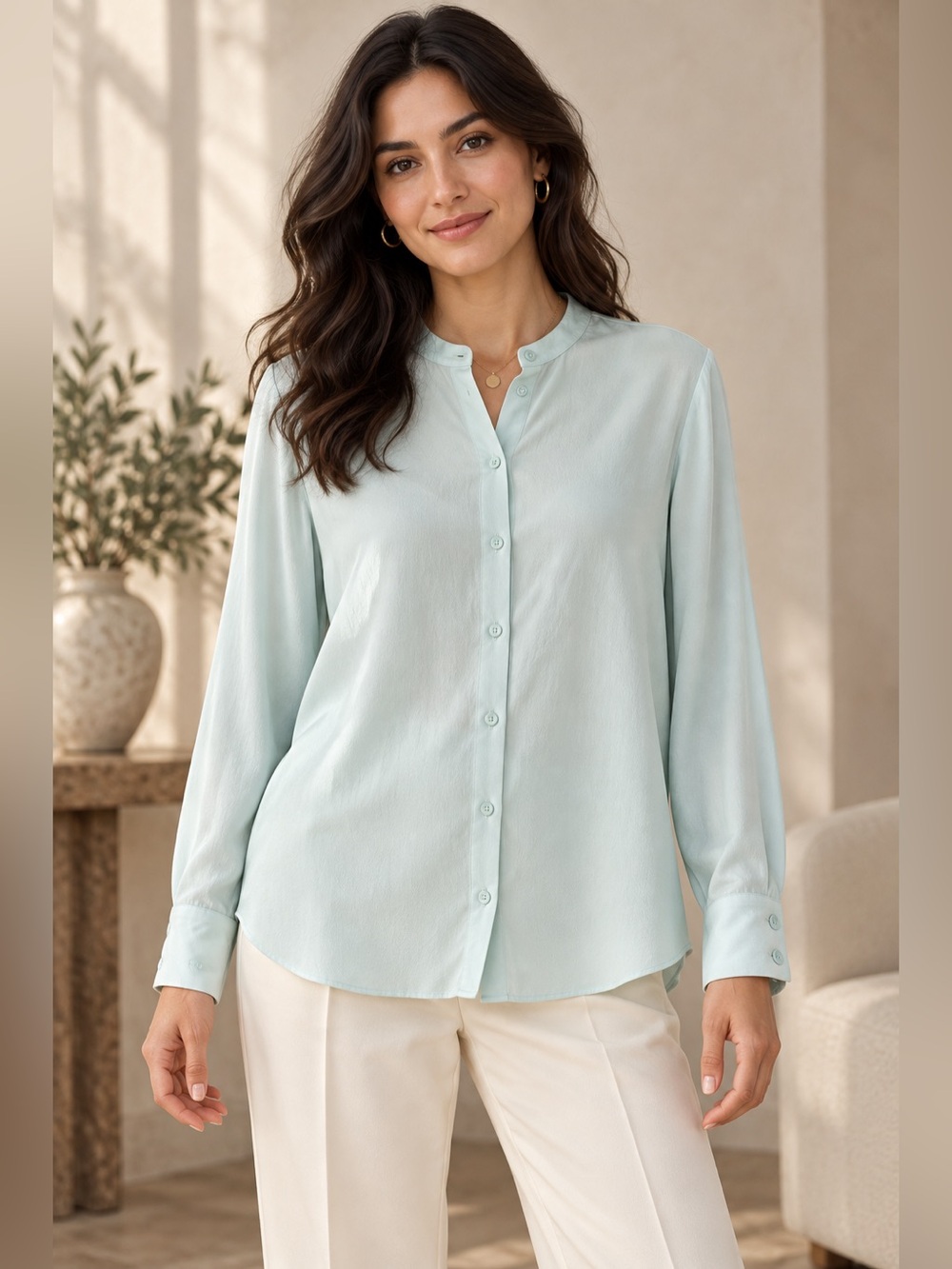 Eileen Fisher XXS Mint Green 100% Silk Blouse Band Collar Button Front Top NWOT